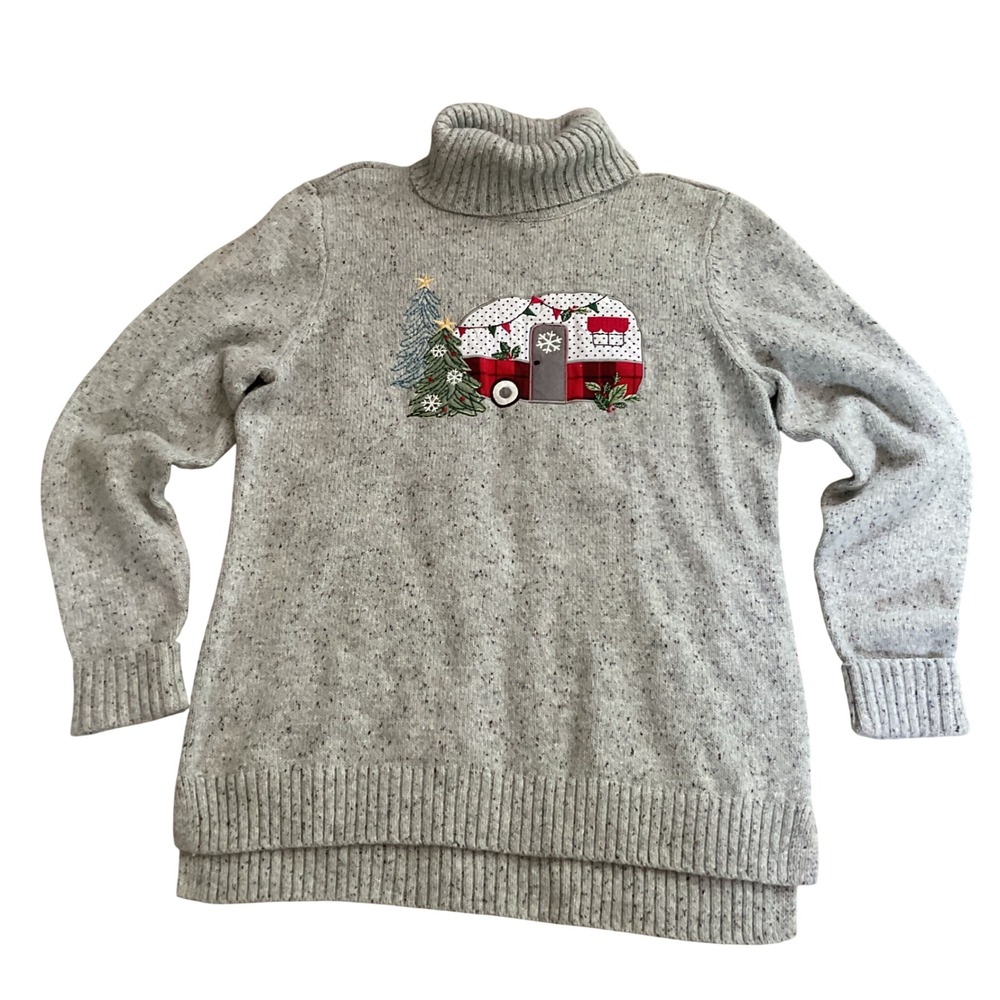 Christopher & Banks Petite Gray Holiday Camper‎ Turtleneck Sweater PM